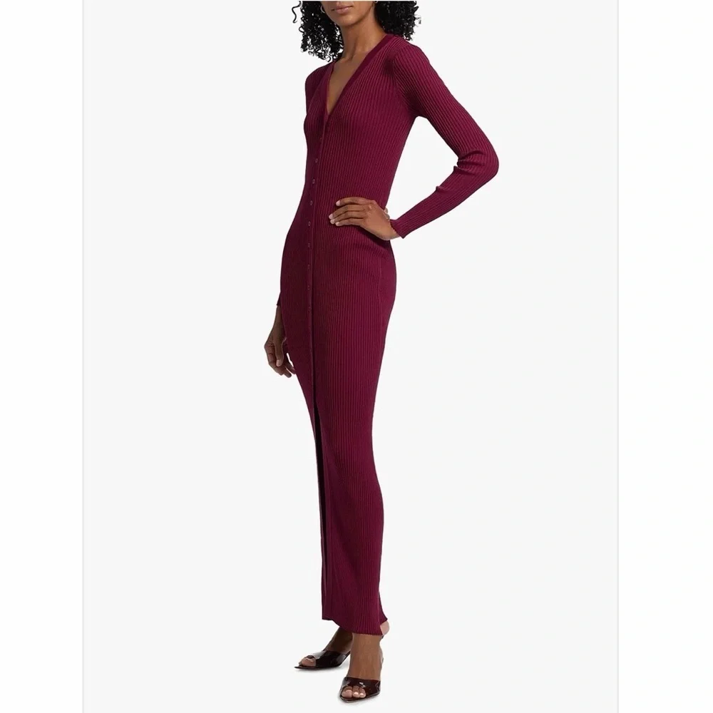 Staud Shoko Rib-Knit Button-Front Maxi Dress in crimson color - Picture 2 of 8